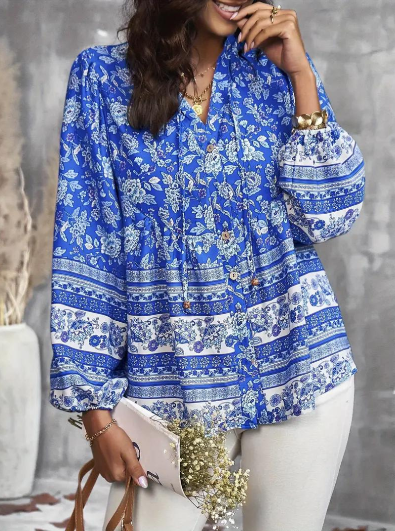 Boho-Blus, blommönster, långärmad, damkläder, lös passform