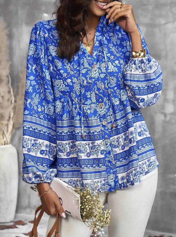 Boho-Blus, blommönster, långärmad, damkläder, lös passform