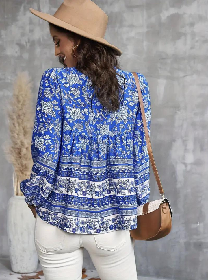 Boho-Blus, blommönster, långärmad, damkläder, lös passform