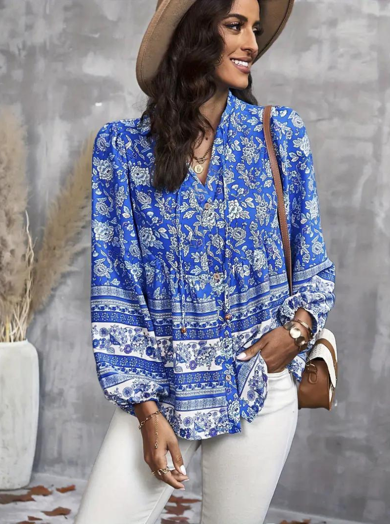 Boho-Blus, blommönster, långärmad, damkläder, lös passform