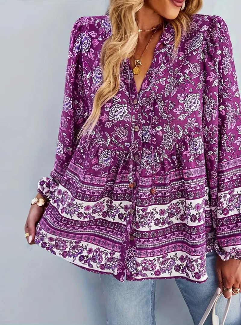 Boho-Blus, blommönster, långärmad, damkläder, lös passform