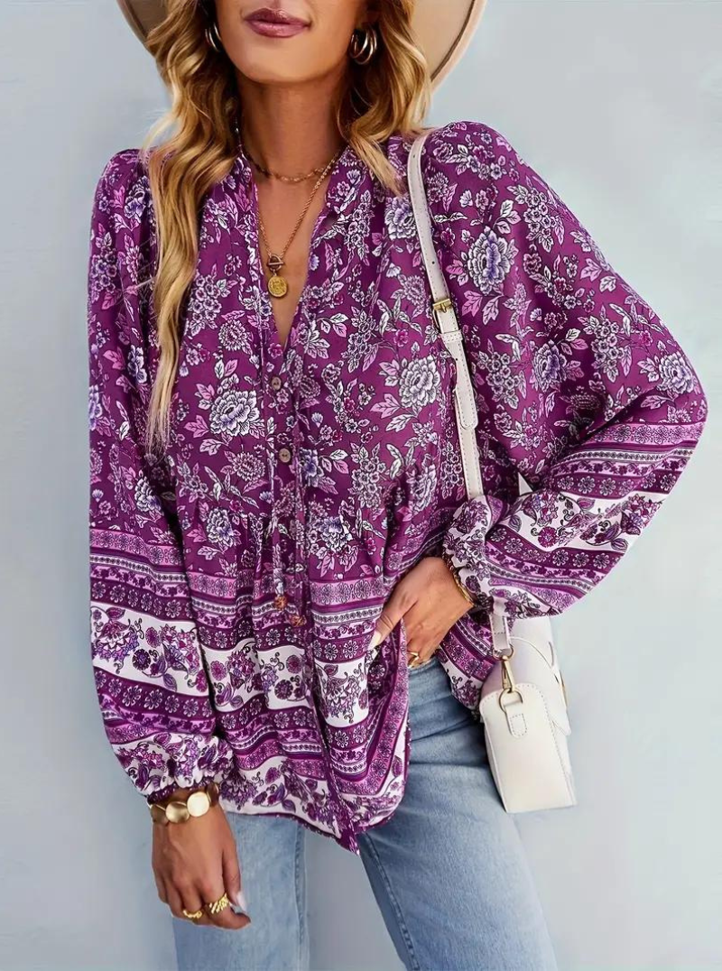 Boho-Blus, blommönster, långärmad, damkläder, lös passform