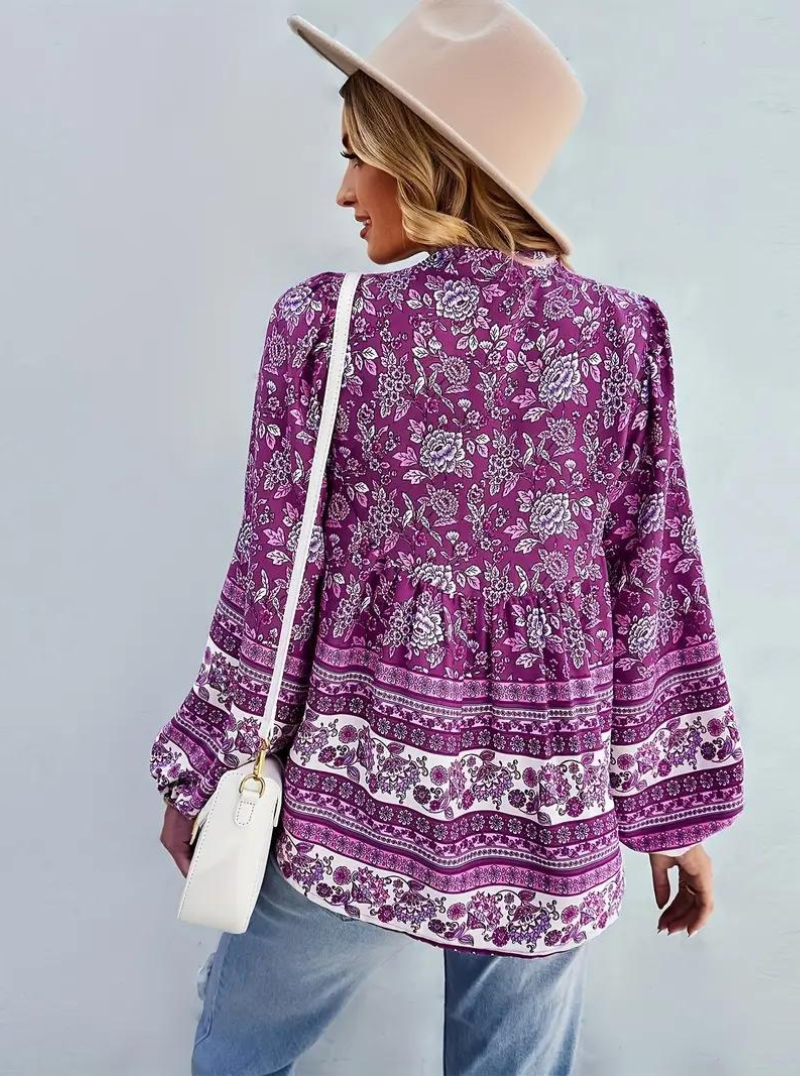 Boho-Blus, blommönster, långärmad, damkläder, lös passform