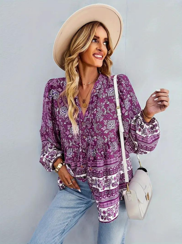 Boho-Blus, blommönster, långärmad, damkläder, lös passform
