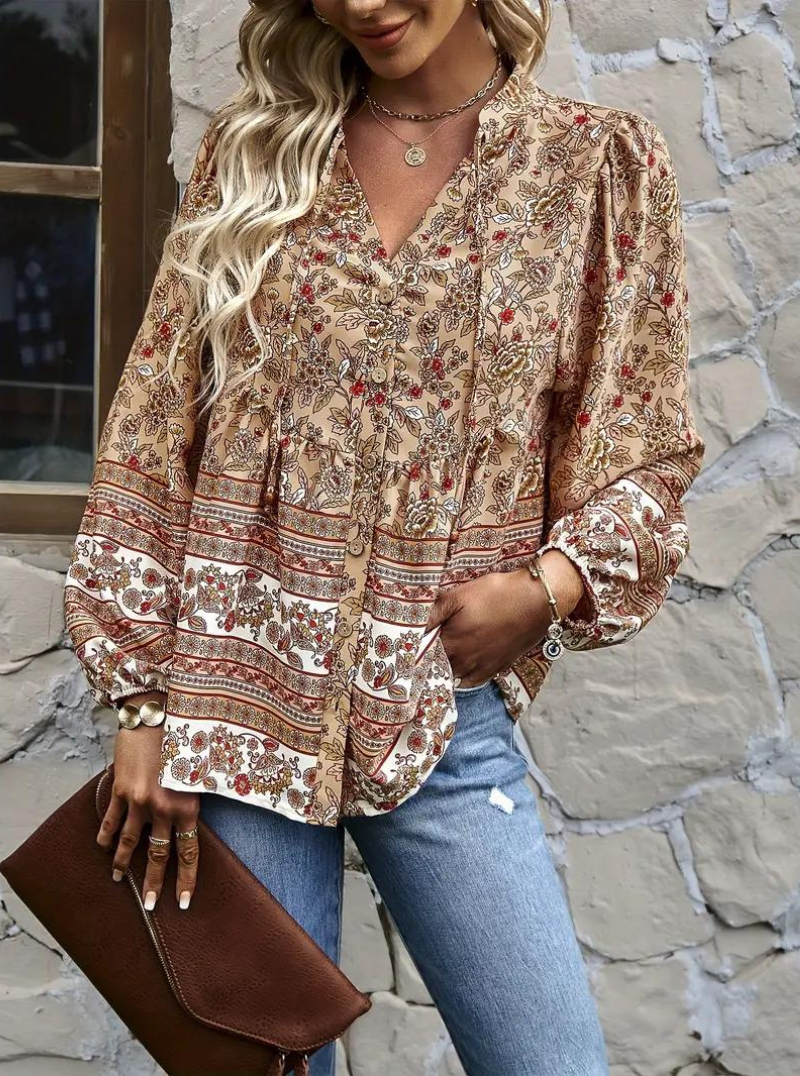 Boho-Blus, blommönster, långärmad, damkläder, lös passform