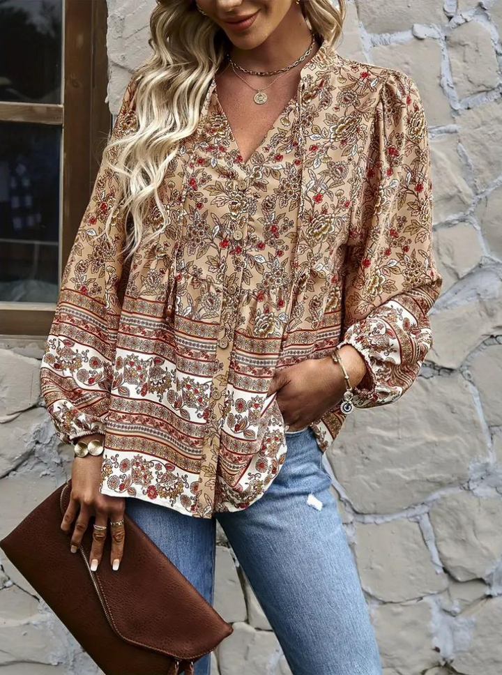Boho-Blus, blommönster, långärmad, damkläder, lös passform