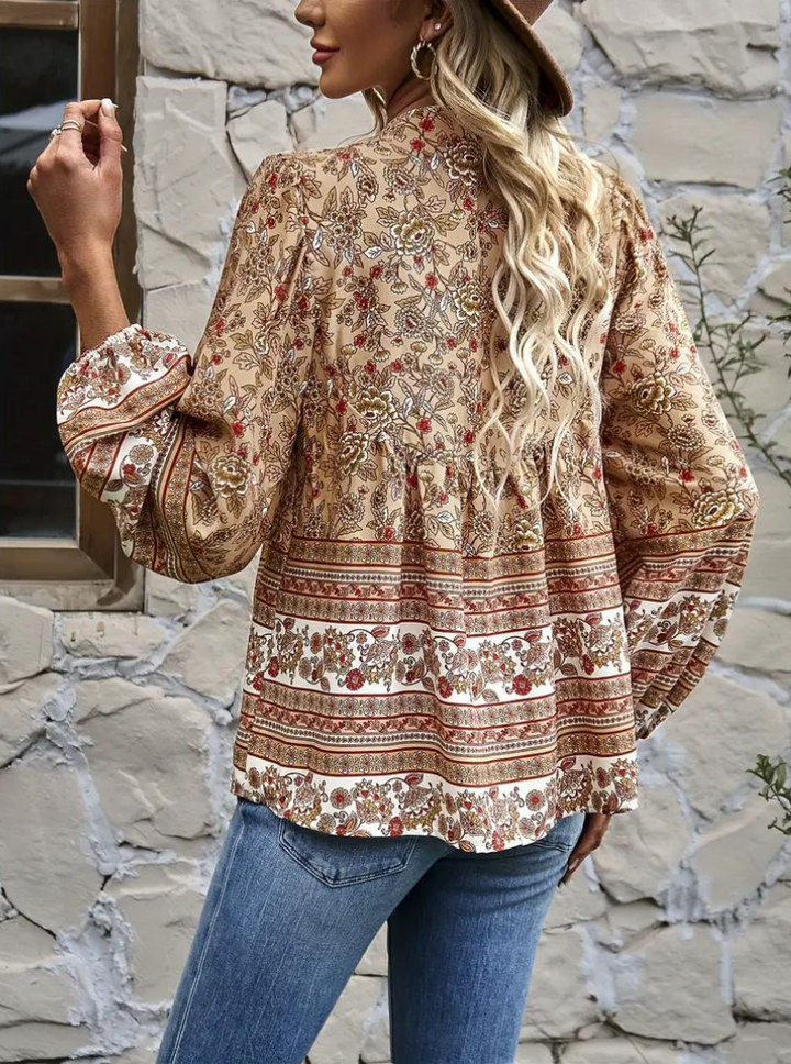 Boho-Blus, blommönster, långärmad, damkläder, lös passform