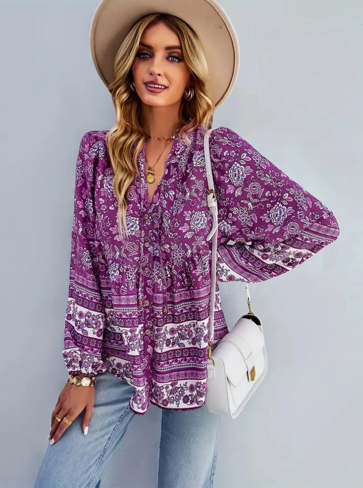 Boho-Blus, blommönster, långärmad, damkläder, lös passform