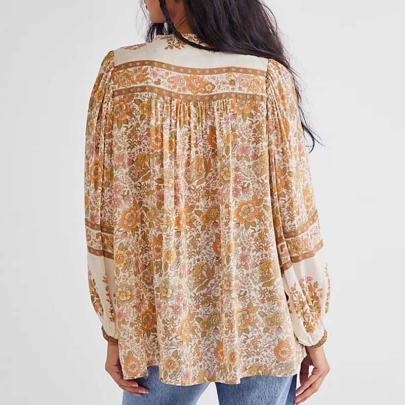 Boho-blus – Löst sittande blus med knappar och långa ärmar för damer