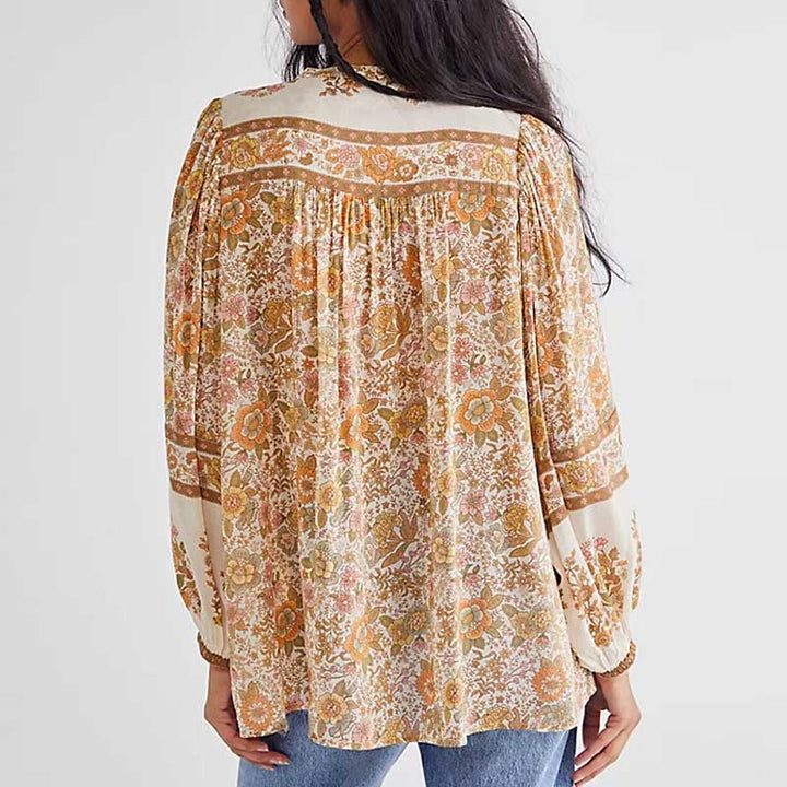 Boho-blus – Löst sittande blus med knappar och långa ärmar för damer