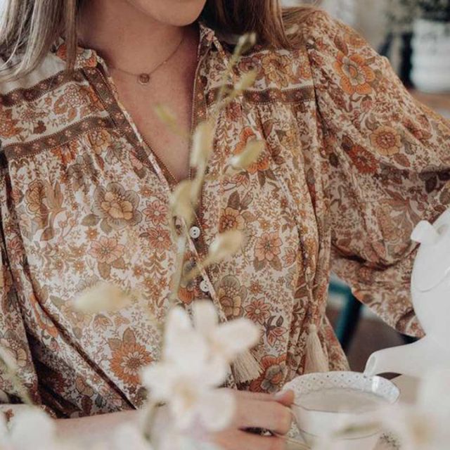 Boho-blus – Löst sittande blus med knappar och långa ärmar för damer