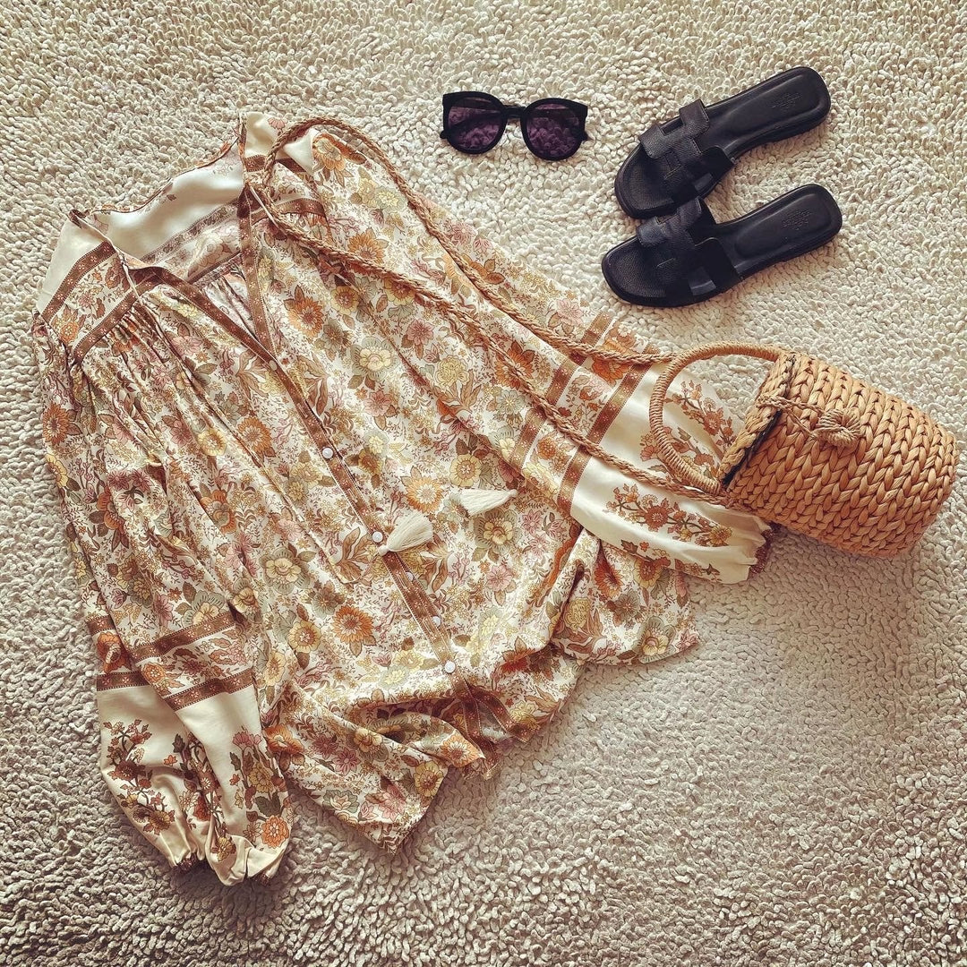 Boho-blus – Löst sittande blus med knappar och långa ärmar för damer