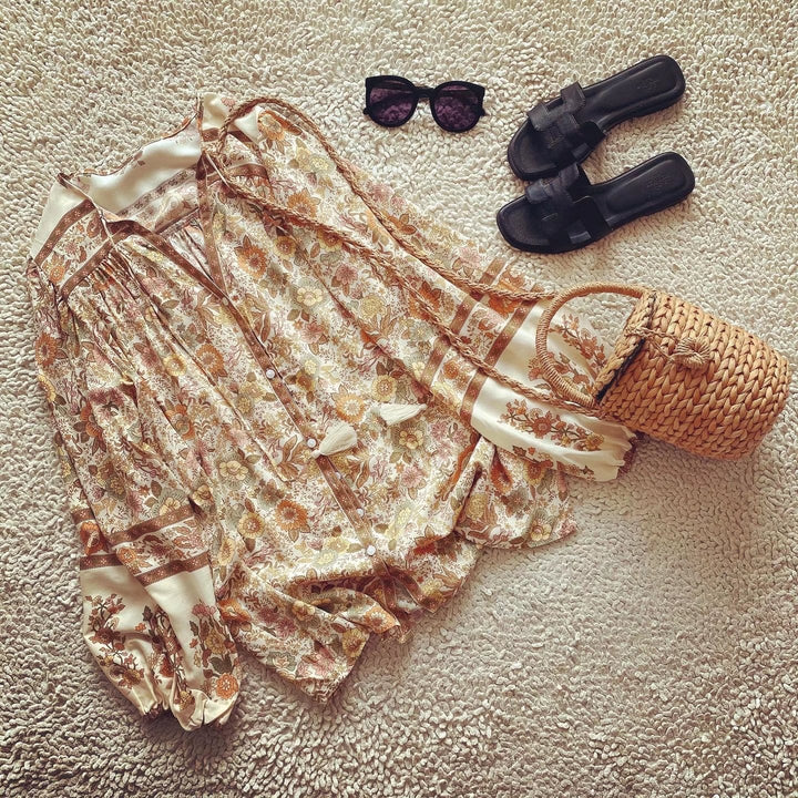 Boho-blus – Löst sittande blus med knappar och långa ärmar för damer