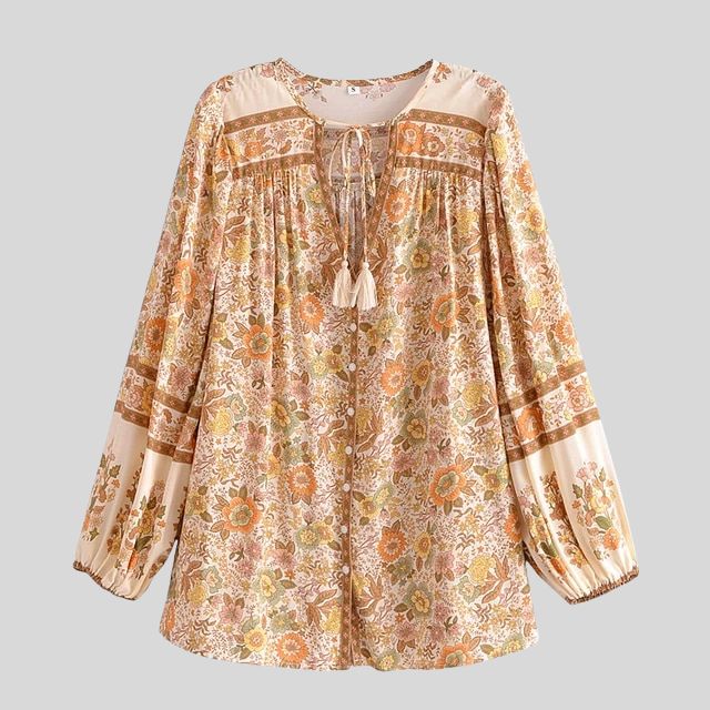 Boho-blus – Löst sittande blus med knappar och långa ärmar för damer