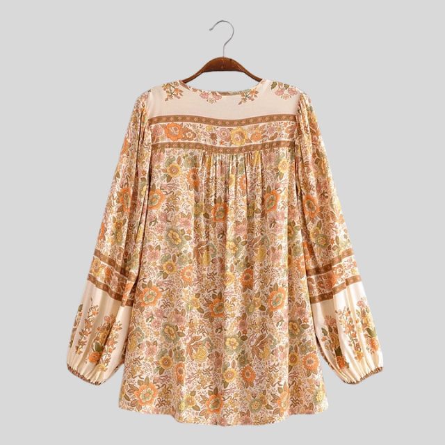 Boho-blus – Löst sittande blus med knappar och långa ärmar för damer