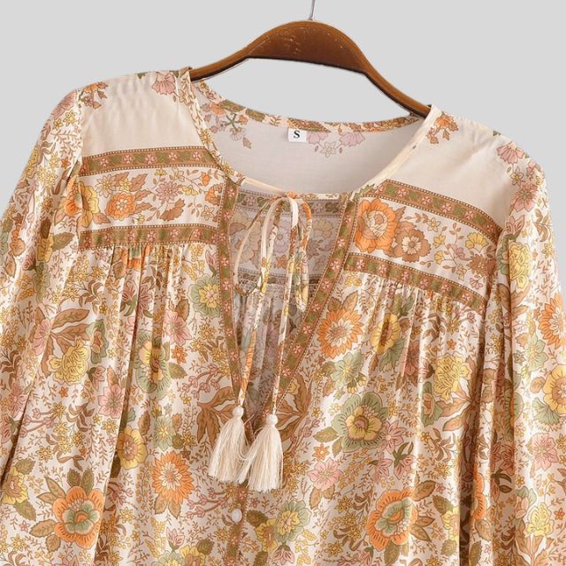 Boho-blus – Löst sittande blus med knappar och långa ärmar för damer