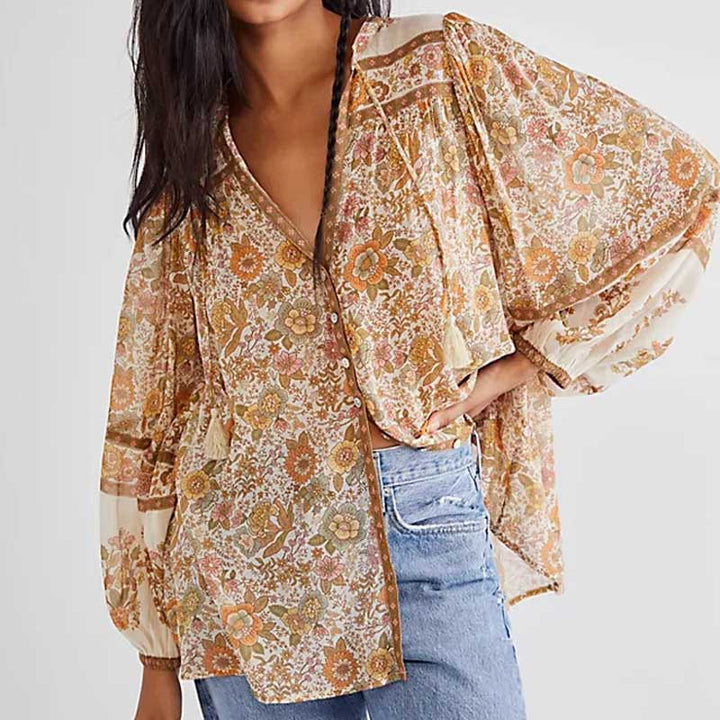 Boho-blus – Löst sittande blus med knappar och långa ärmar för damer