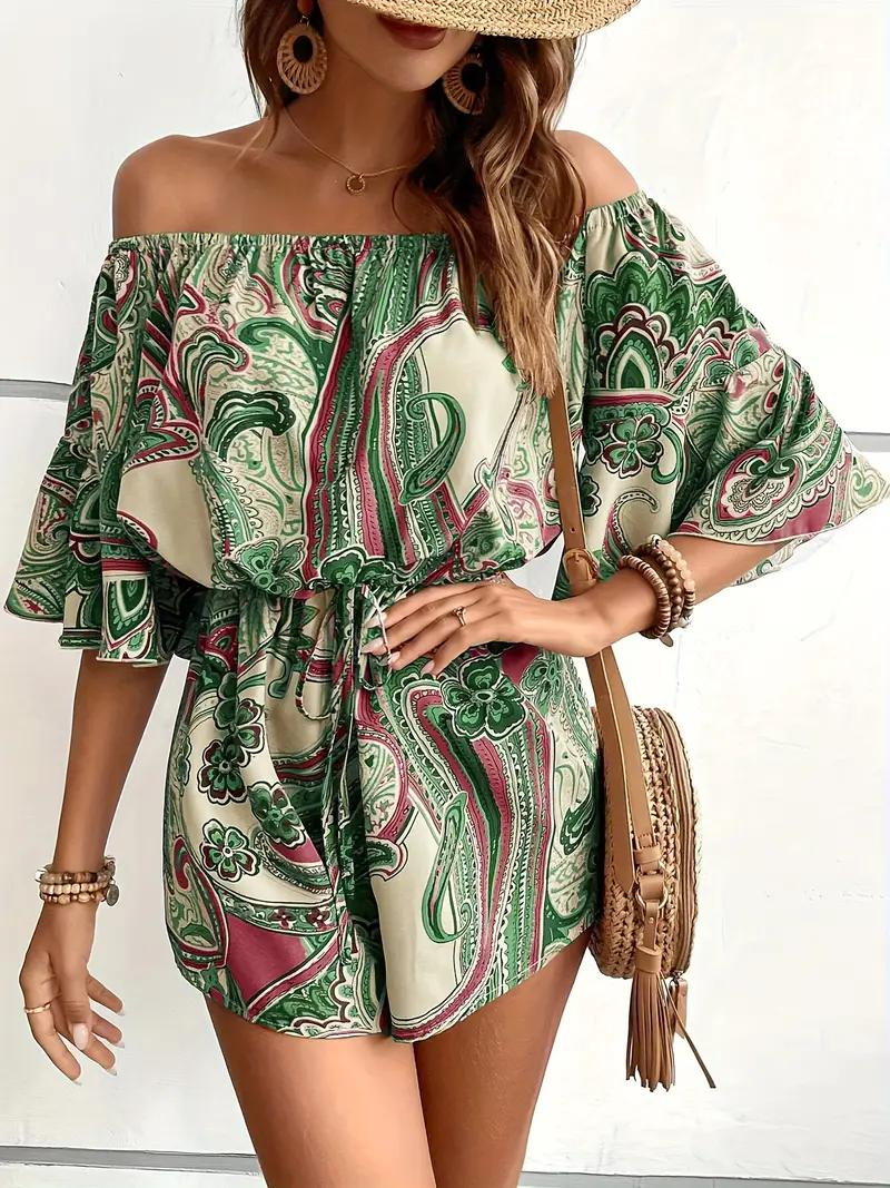 Boho-jumpsuit, paisleymönster, off shoulder, playsuit, sommarjumpsuit