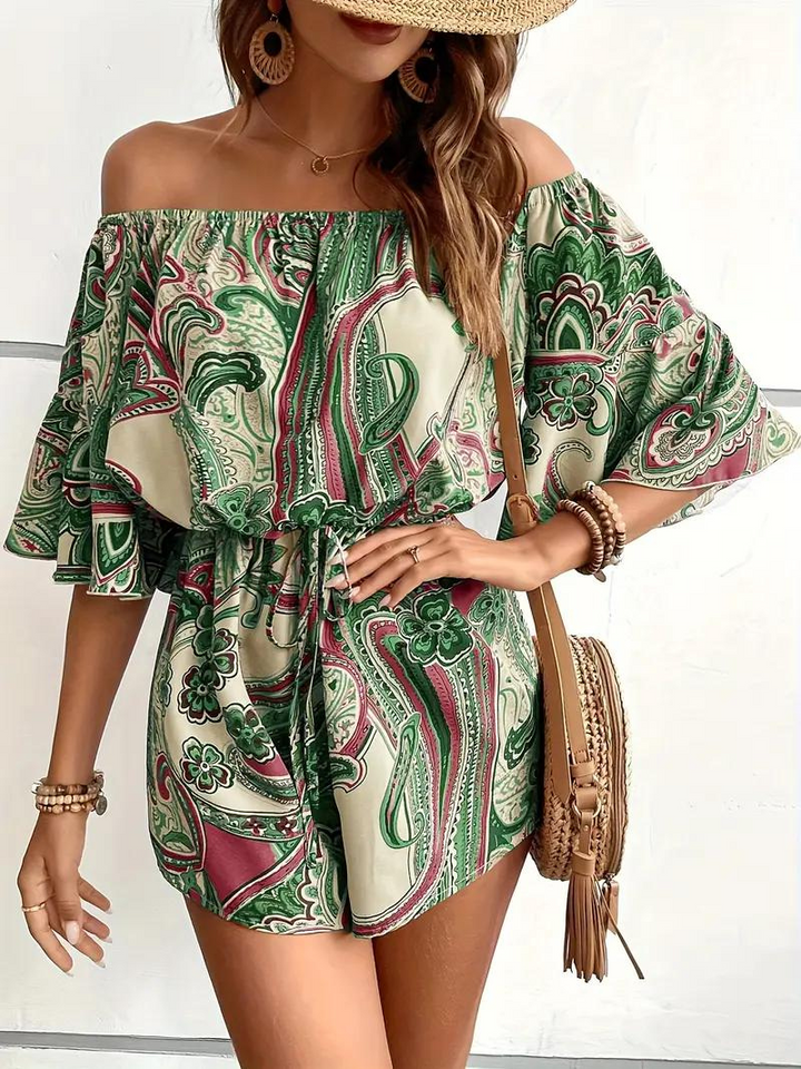 Boho-jumpsuit, paisleymönster, off shoulder, playsuit, sommarjumpsuit