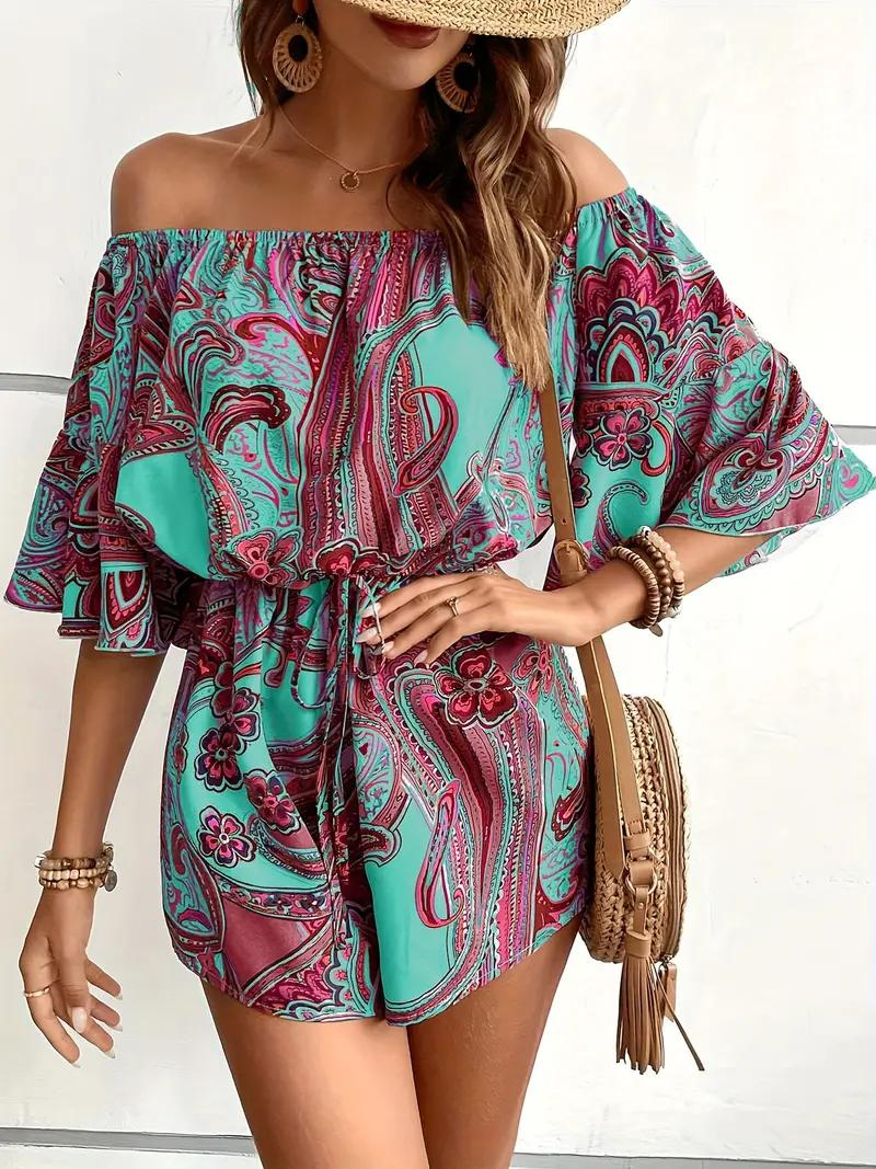 Boho-jumpsuit, paisleymönster, off shoulder, playsuit, sommarjumpsuit