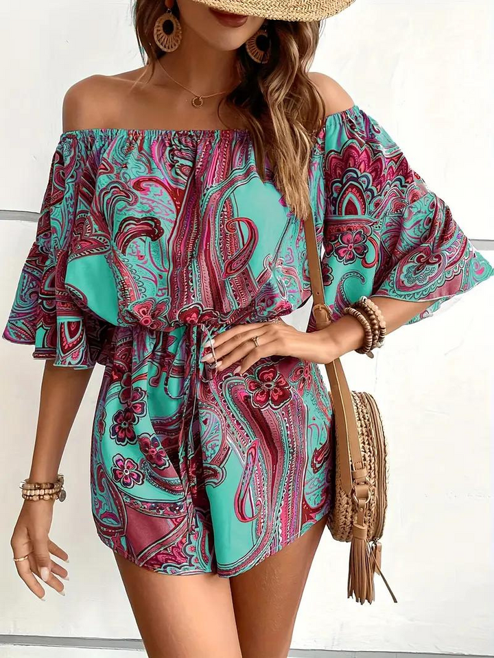Boho-jumpsuit, paisleymönster, off shoulder, playsuit, sommarjumpsuit