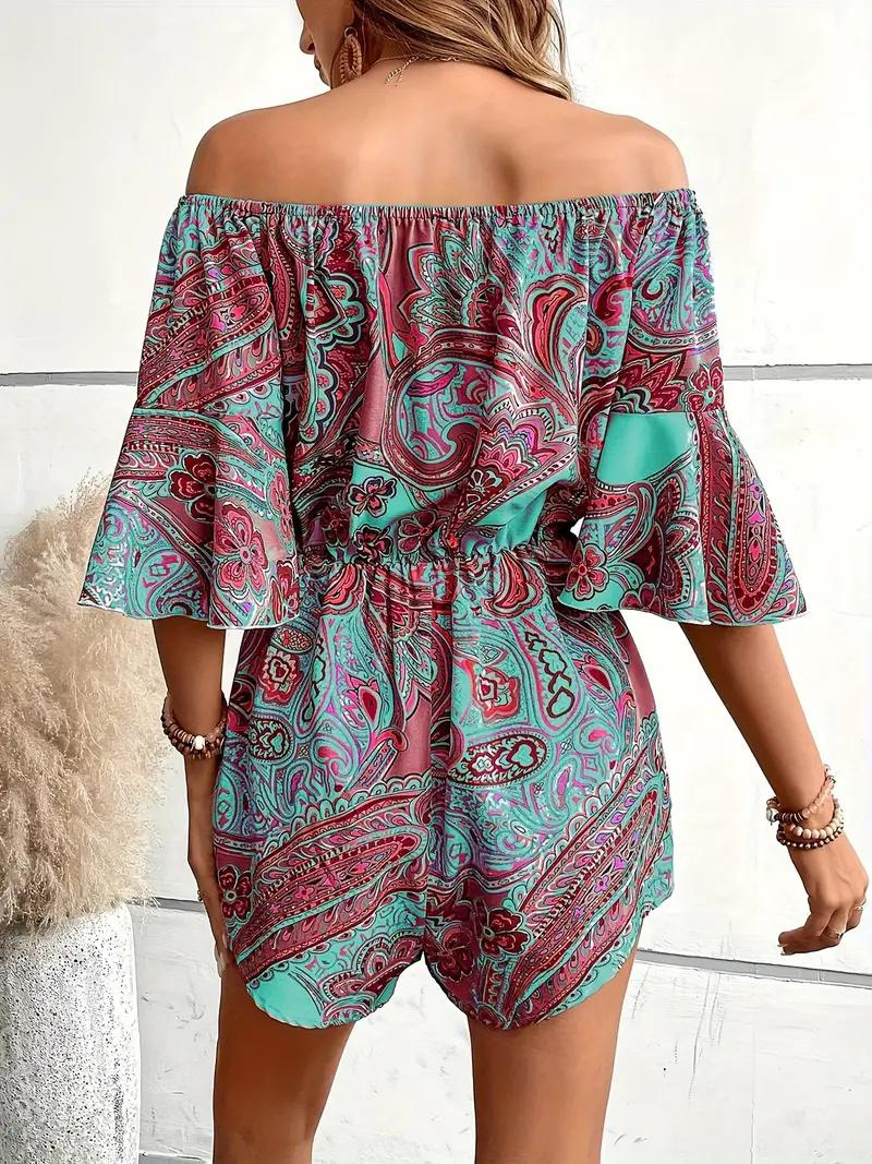 Boho-jumpsuit, paisleymönster, off shoulder, playsuit, sommarjumpsuit
