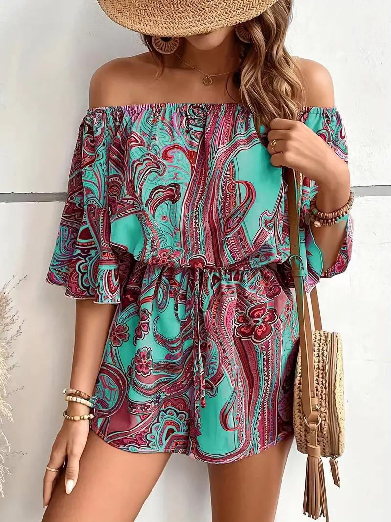 Boho-jumpsuit, paisleymönster, off shoulder, playsuit, sommarjumpsuit
