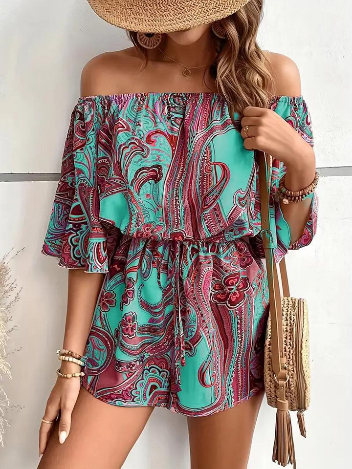 Boho-jumpsuit, paisleymönster, off shoulder, playsuit, sommarjumpsuit
