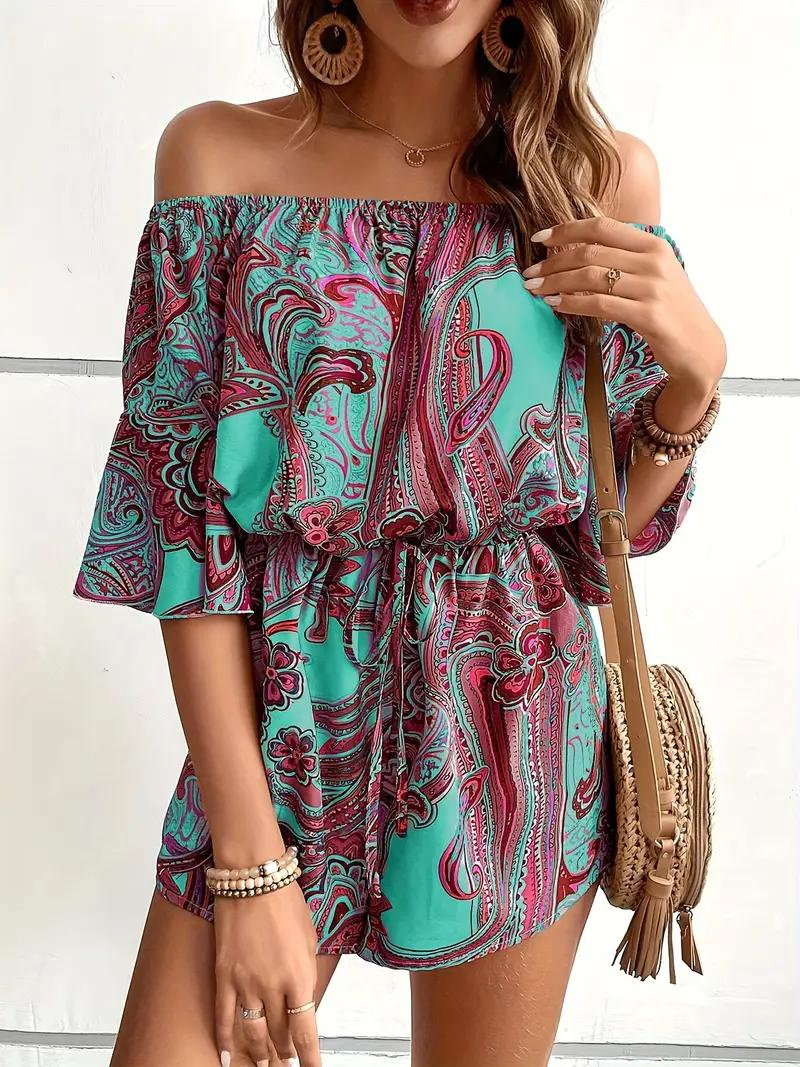 Boho-jumpsuit, paisleymönster, off shoulder, playsuit, sommarjumpsuit