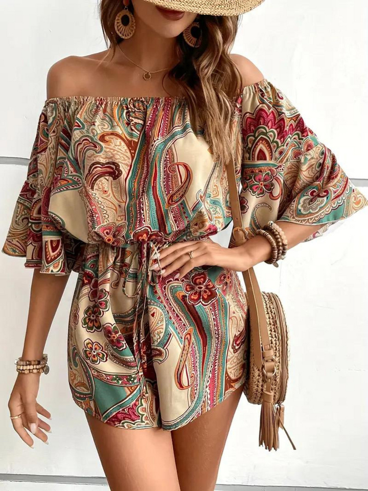 Boho-jumpsuit, paisleymönster, off shoulder, playsuit, sommarjumpsuit
