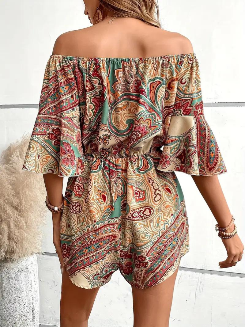 Boho-jumpsuit, paisleymönster, off shoulder, playsuit, sommarjumpsuit