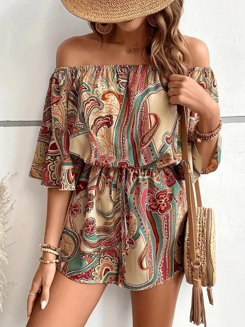 Boho-jumpsuit, paisleymönster, off shoulder, playsuit, sommarjumpsuit