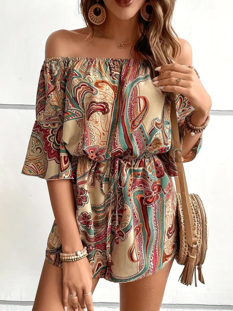 Boho-jumpsuit, paisleymönster, off shoulder, playsuit, sommarjumpsuit