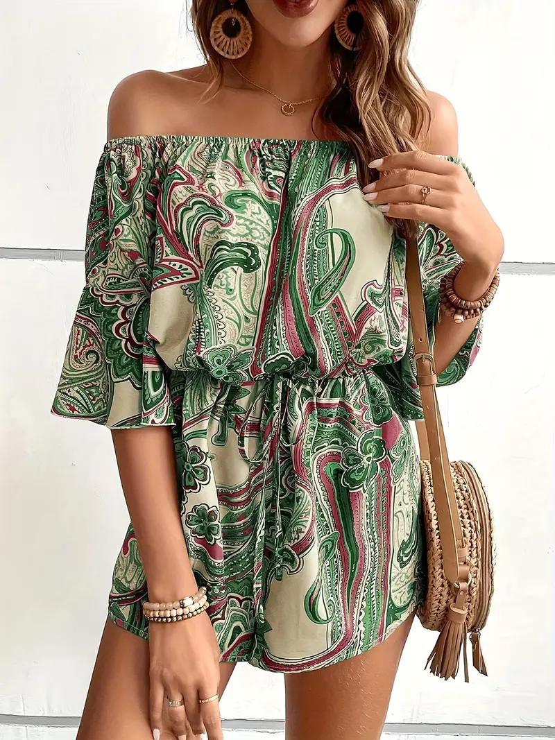 Boho-jumpsuit, paisleymönster, off shoulder, playsuit, sommarjumpsuit