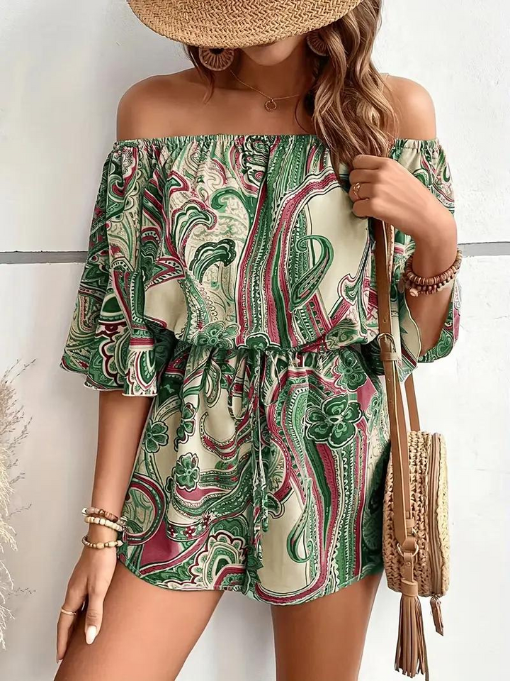 Boho-jumpsuit, paisleymönster, off shoulder, playsuit, sommarjumpsuit