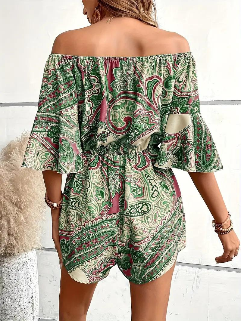 Boho-jumpsuit, paisleymönster, off shoulder, playsuit, sommarjumpsuit