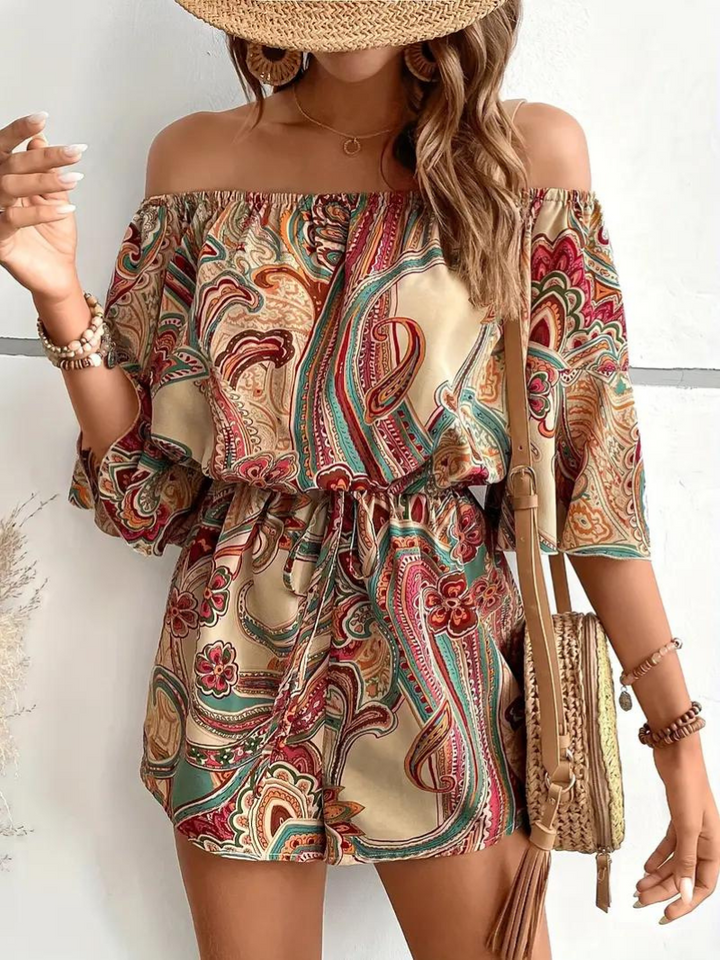 Boho-jumpsuit, paisleymönster, off shoulder, playsuit, sommarjumpsuit
