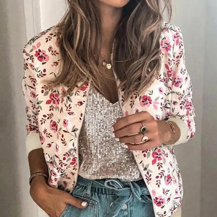 Bomberjacka med blommigt tryck - Sommarjacka med blixtlås och blommigt tryck för kvinnor