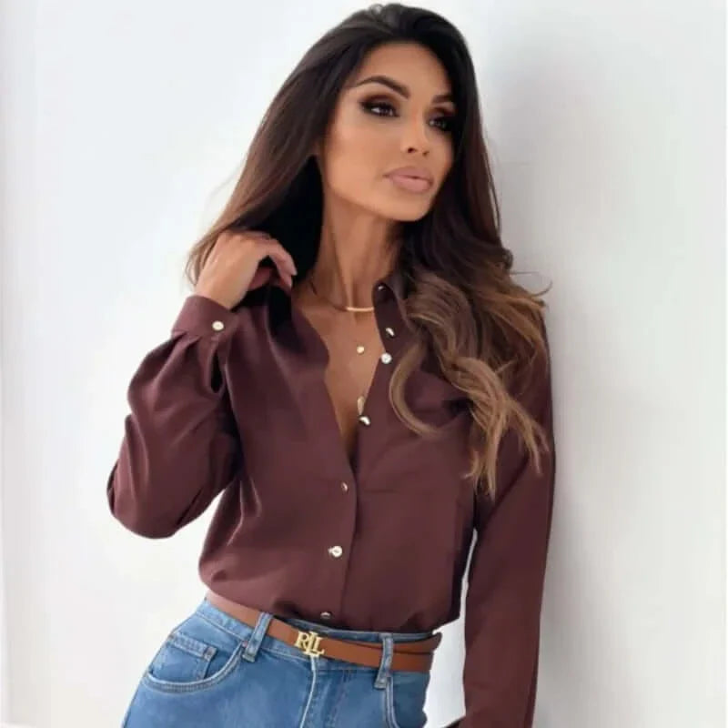 Button-Up Blouse - Elegant långärmad skjorta med knappar för kvinnor