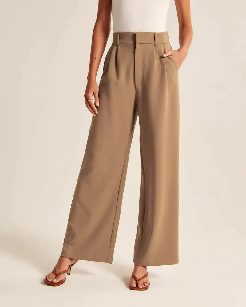 Byxor med vida ben - Plisserade - Hög midja - Slacks med vida ben - Byxor för kvinnor