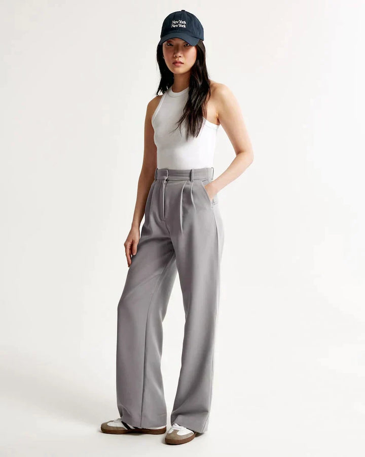 Byxor med vida ben - Plisserade - Hög midja - Slacks med vida ben - Byxor för kvinnor