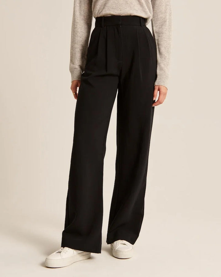 Byxor med vida ben - Plisserade - Hög midja - Slacks med vida ben - Byxor för kvinnor