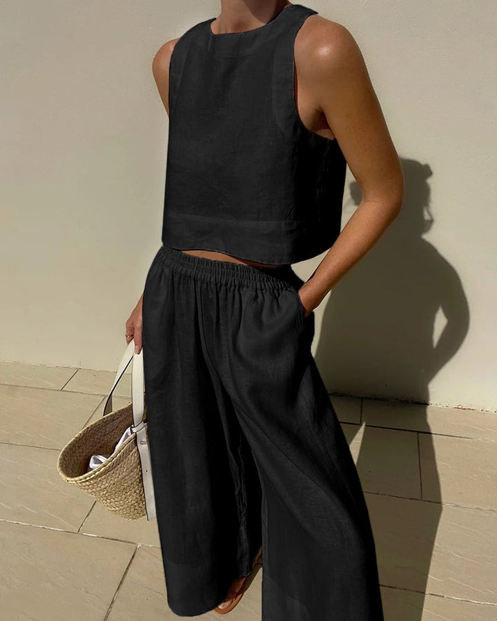 Byxor med vida ben och Topp - Casual Loose Fit - Set för Kvinnor för Sommaren