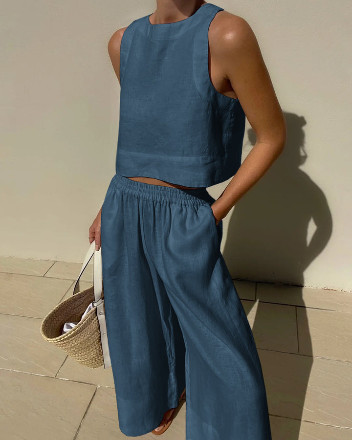 Byxor med vida ben och Topp - Casual Loose Fit - Set för Kvinnor för Sommaren