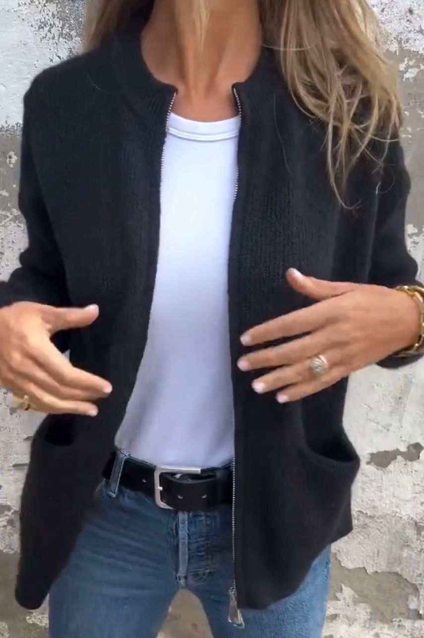 Cardigan med dragkedja - Varm - Fickor - Stickad cardigan - Damkläder