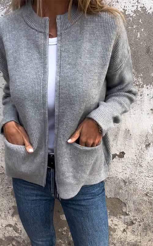 Cardigan med dragkedja - Varm - Fickor - Stickad cardigan - Damkläder