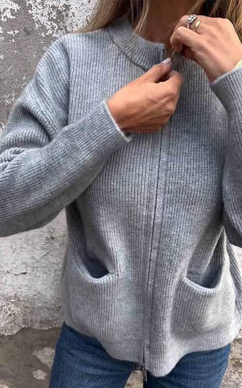 Cardigan med dragkedja - Varm - Fickor - Stickad cardigan - Damkläder