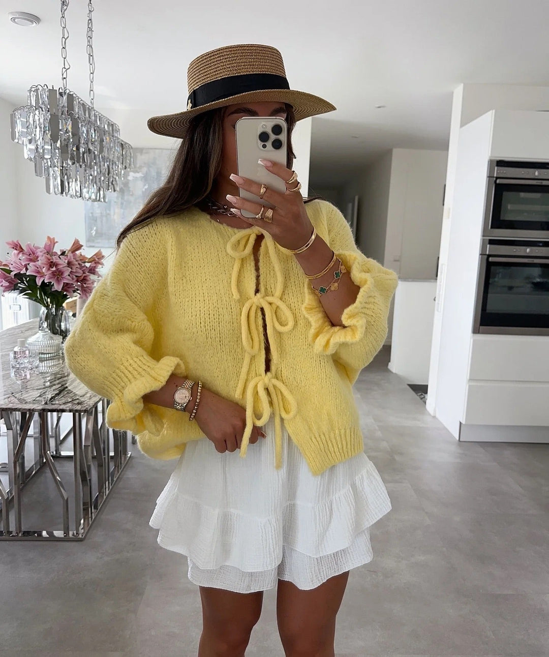 Cardigan med knytband - Gul Loose Fit Stickad Cardigan med knytband för kvinnor