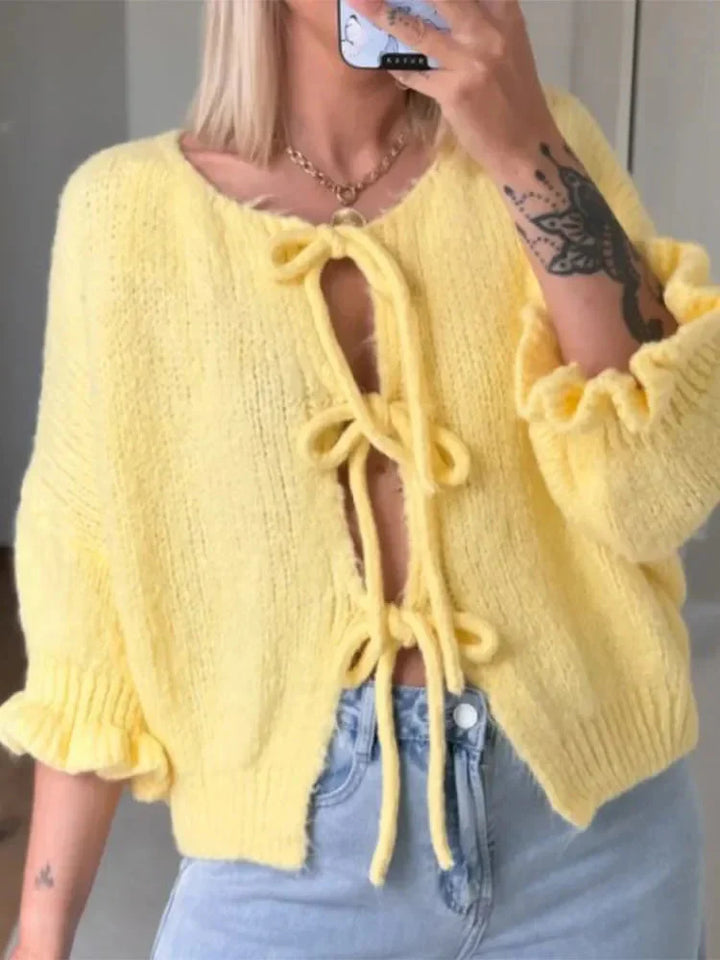 Cardigan med knytband - Gul Loose Fit Stickad Cardigan med knytband för kvinnor