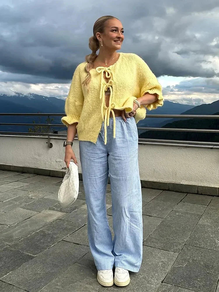 Cardigan med knytband - Gul Loose Fit Stickad Cardigan med knytband för kvinnor